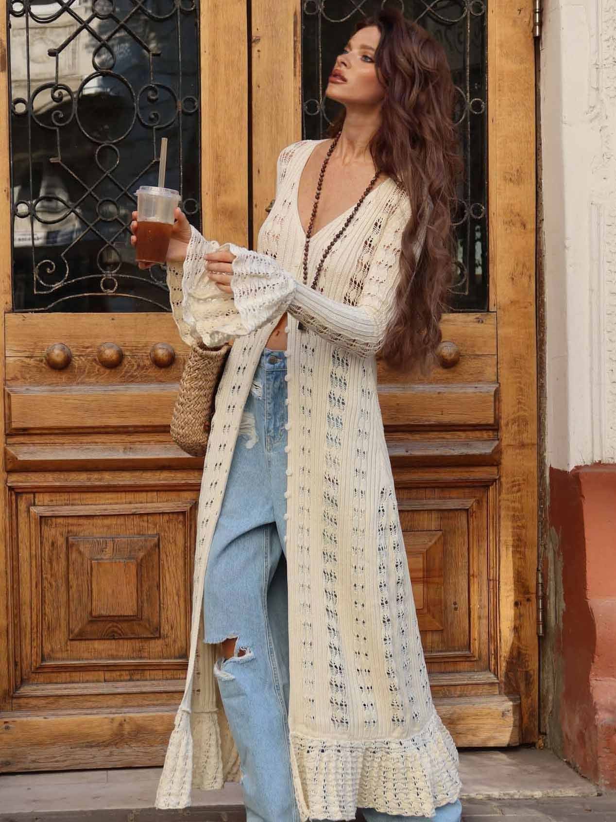 Unique Hollow Crochet Extra-Long Knitted Cardigan