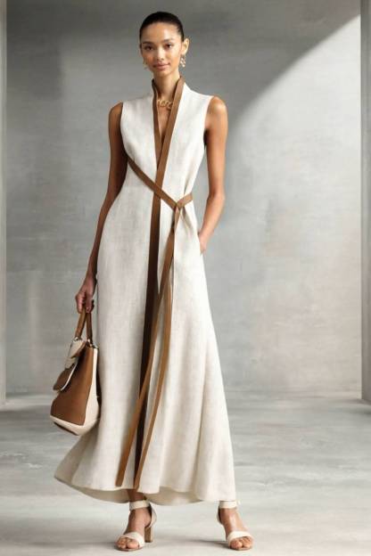 Stand Collar Lace-up Maxi Dress