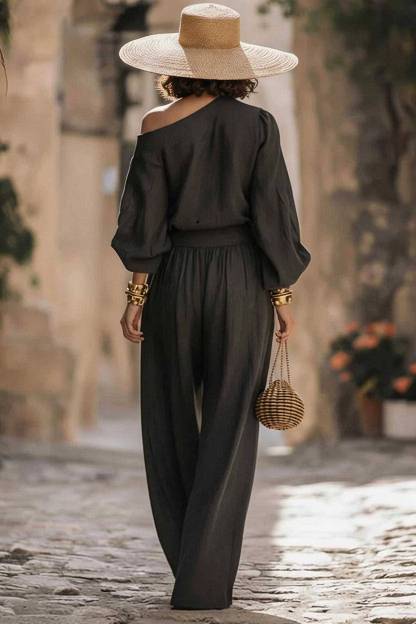 Off-shoulder Shirt And Wide-leg Pants Set