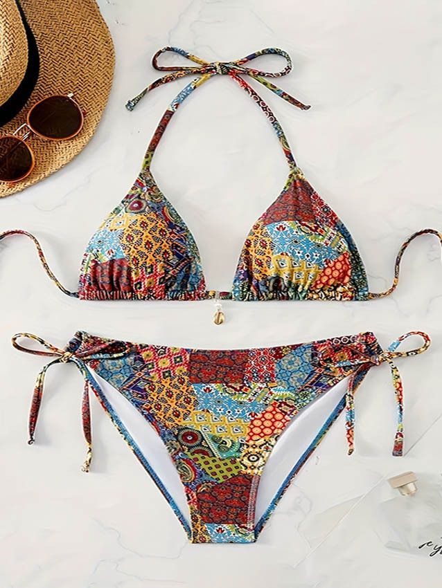 Retro Print Backless Tie Bikini Swimsuit