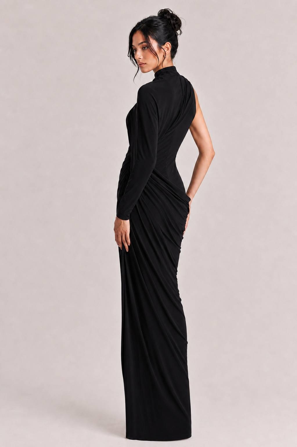 Elegant Asymmetrical One-Sleeve Draped Maxi Dress