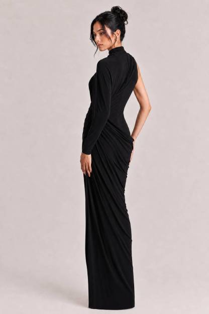 Elegant Asymmetrical One-Sleeve Draped Maxi Dress