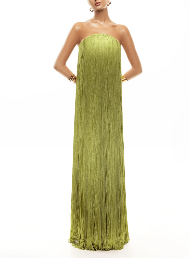 Elegant Strapless Fringe Formal Maxi Dress