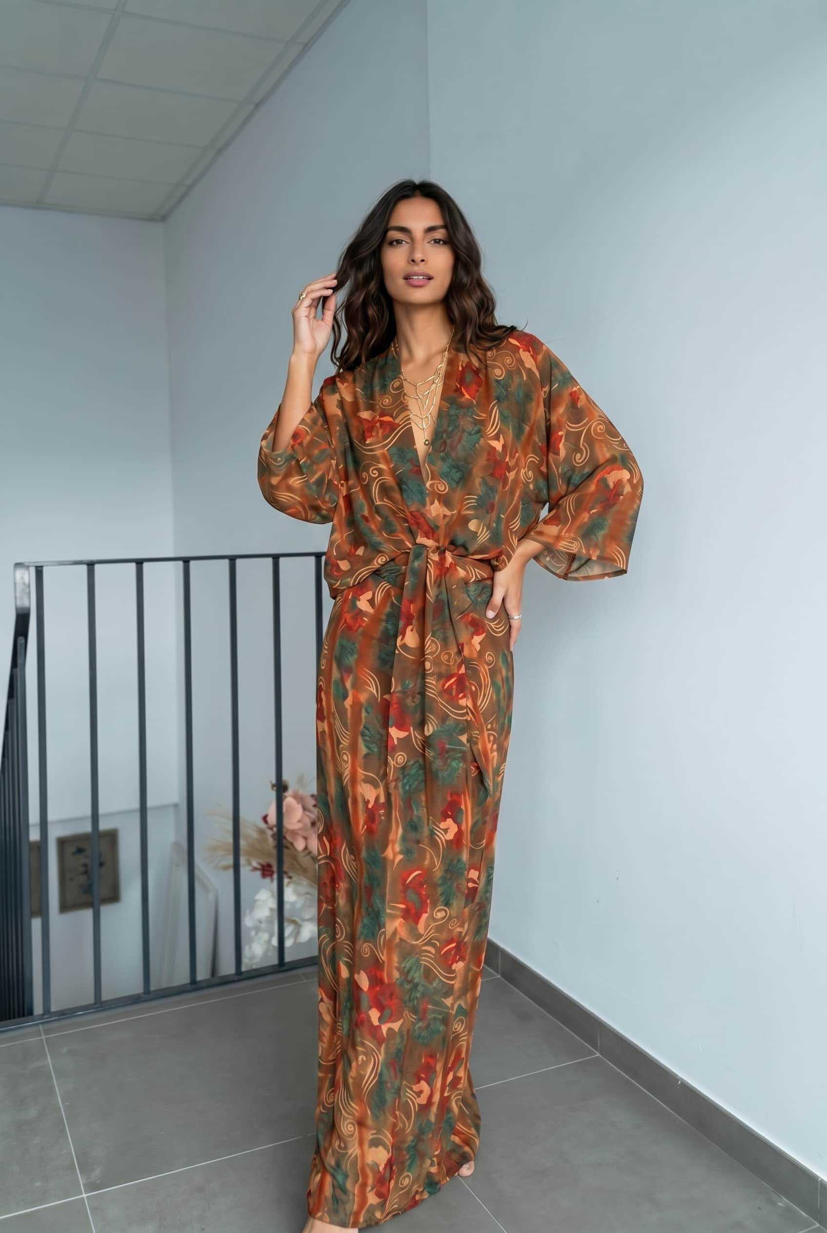 V-Neck Printed Slit Streamer Design Maxi Dress