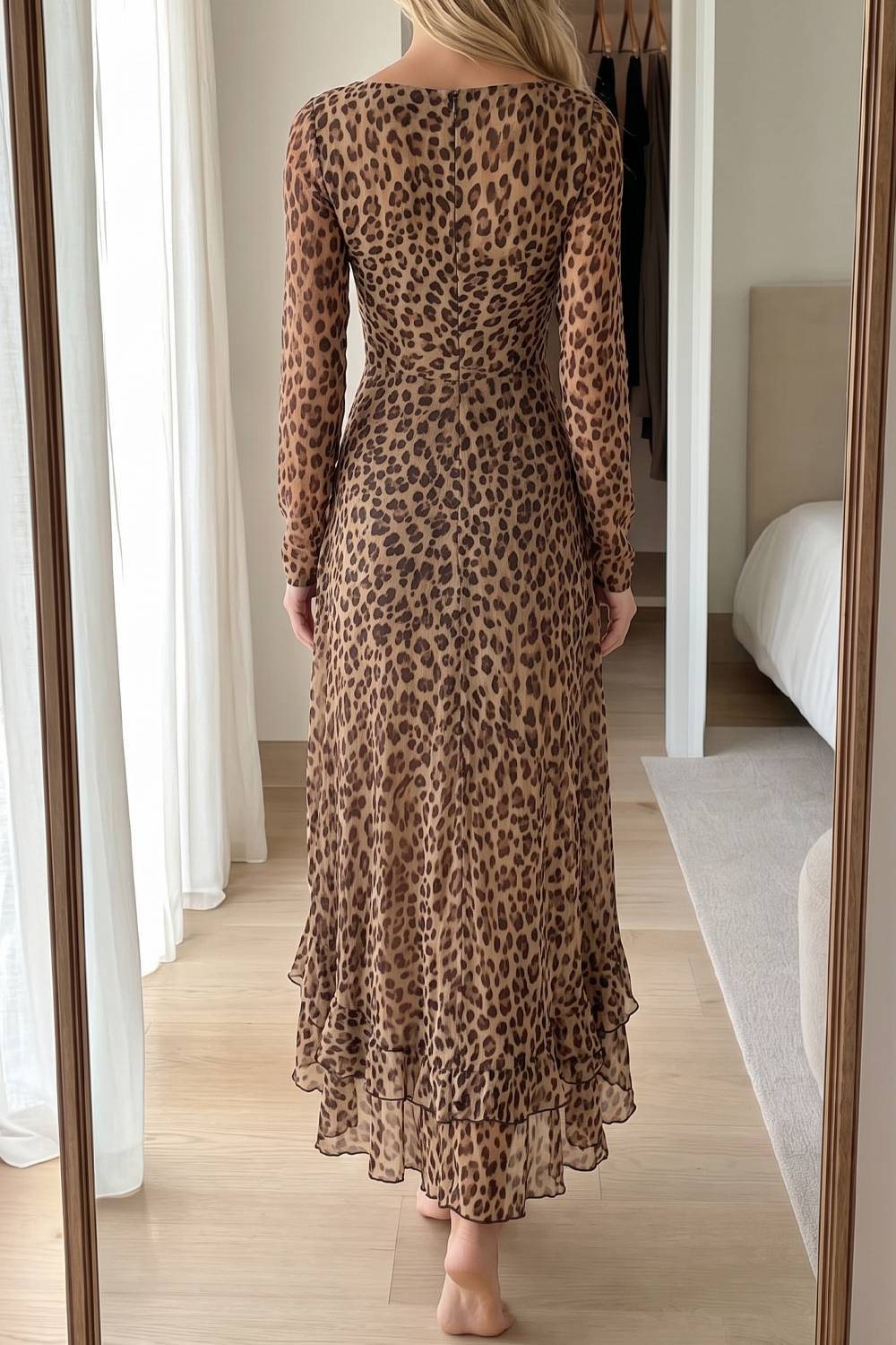 Draped Neck Leopard Print Ruffle Slit Maxi Dress