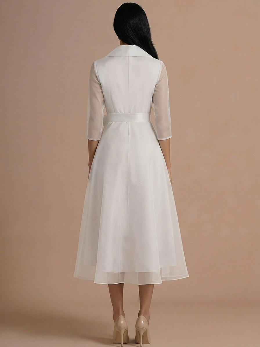 Elegant Draped Shawl-Collar Organza Midi Dress