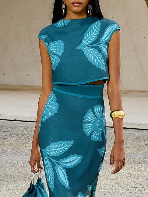 Exquisite Plant And Flower Print Cap Sleeve Short T-shirt