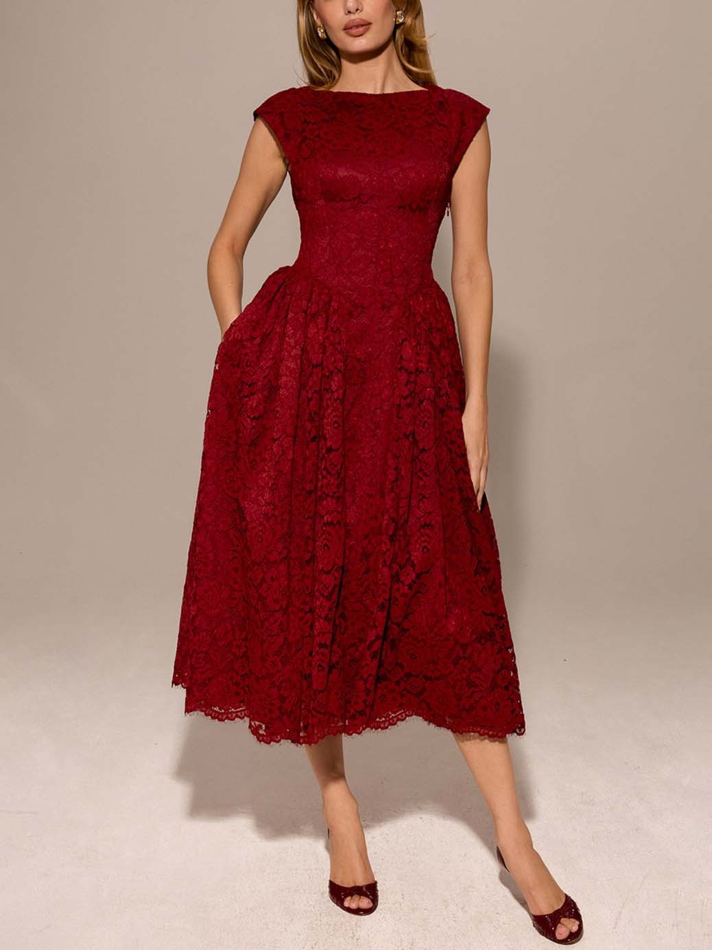 Elegant Lace Backless Waist Midi Dress