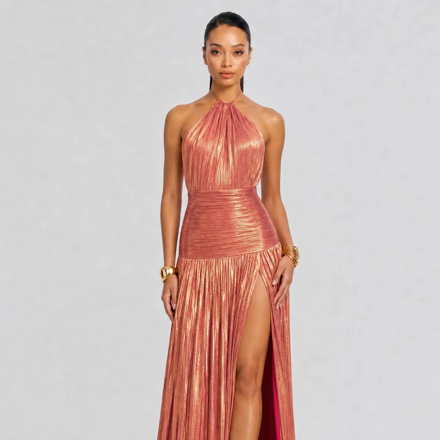 Elegant Metallic Pleated Halter Neck Maxi Dress