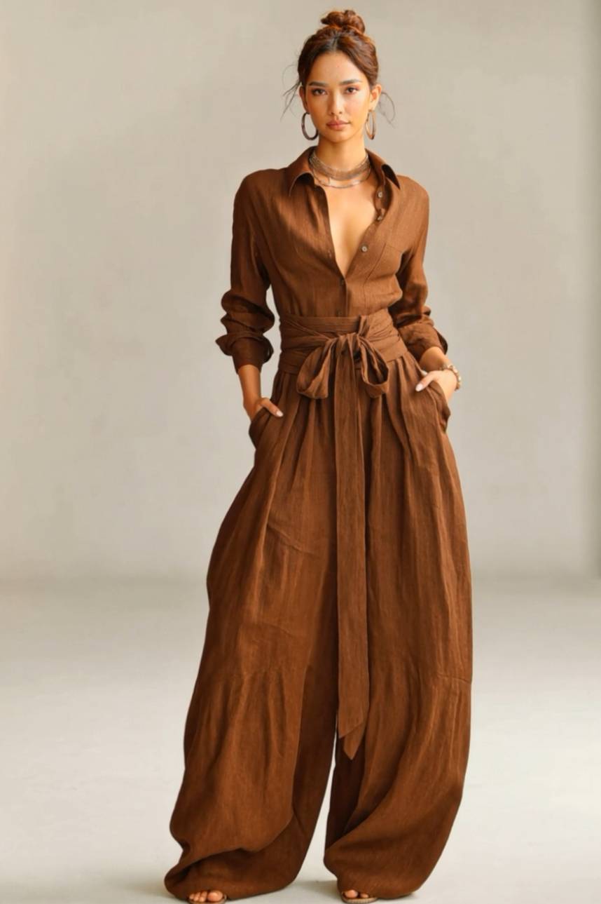 Minimalist Shirt And Lace-Up Wide-Leg Pants Set