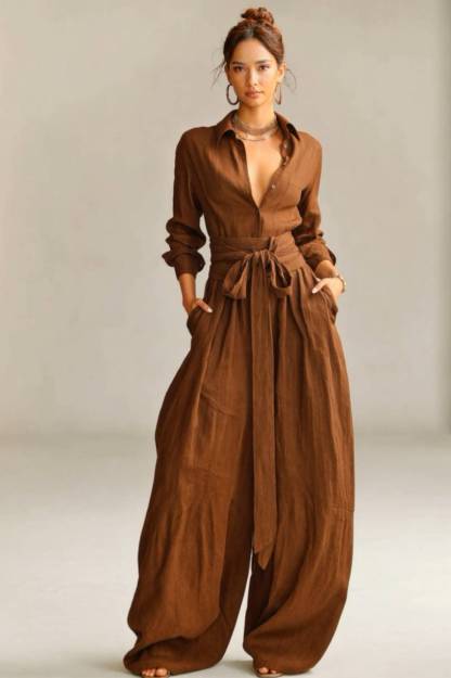 Minimalist Shirt And Lace-Up Wide-Leg Pants Set