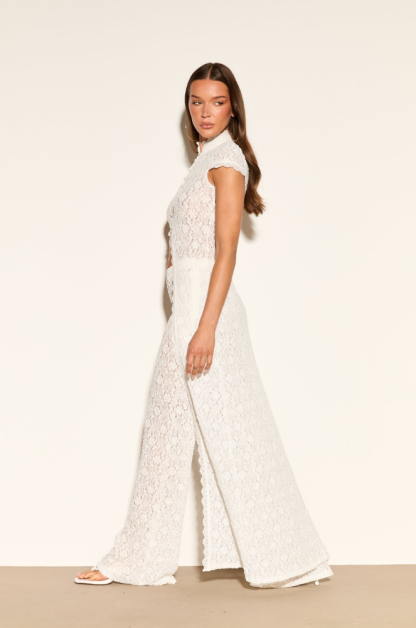 Ivory Lace Cut-Out Two-Piece Set – High-Neck Cap Sleeve Top