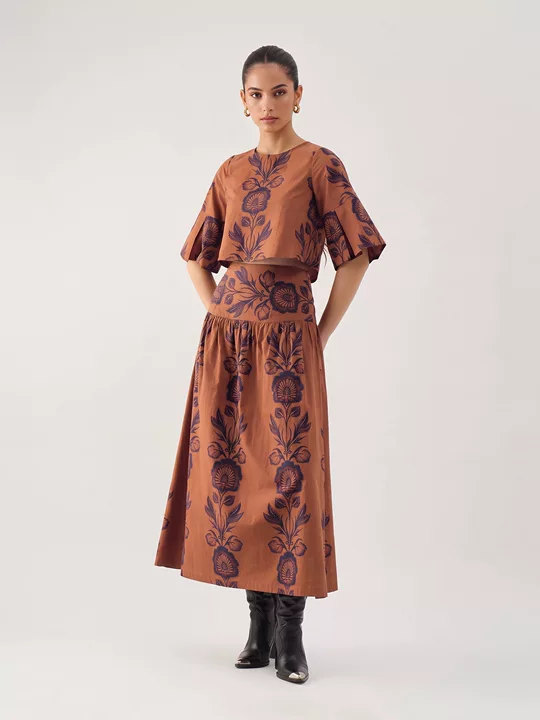 Folk Floral Print Fit-and-Flare Midi Dress