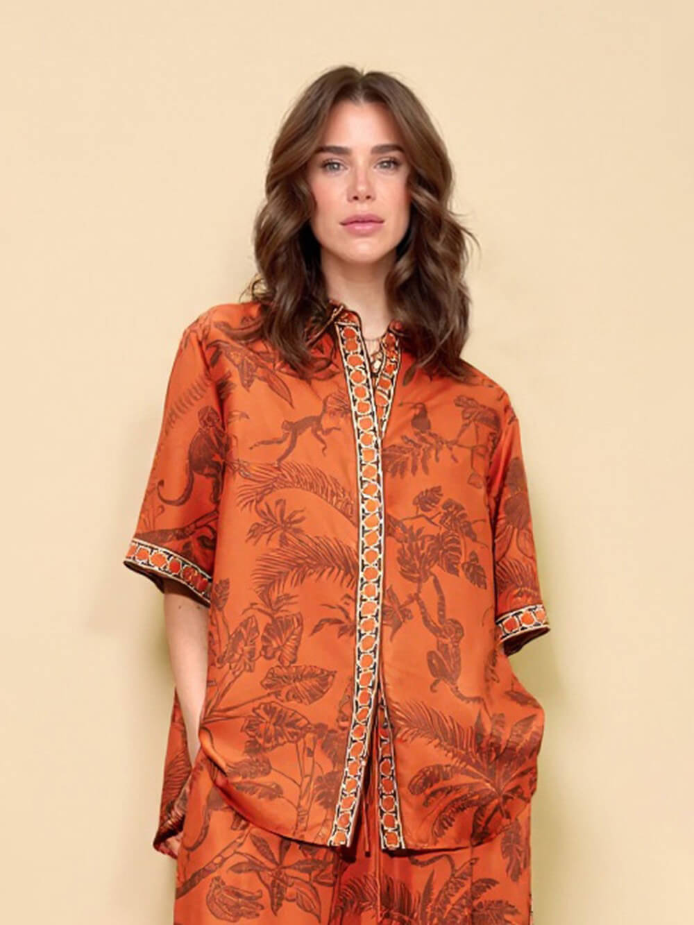 Unique Animal Print Satin Back-Slit Tie-Waist Loose Shirt