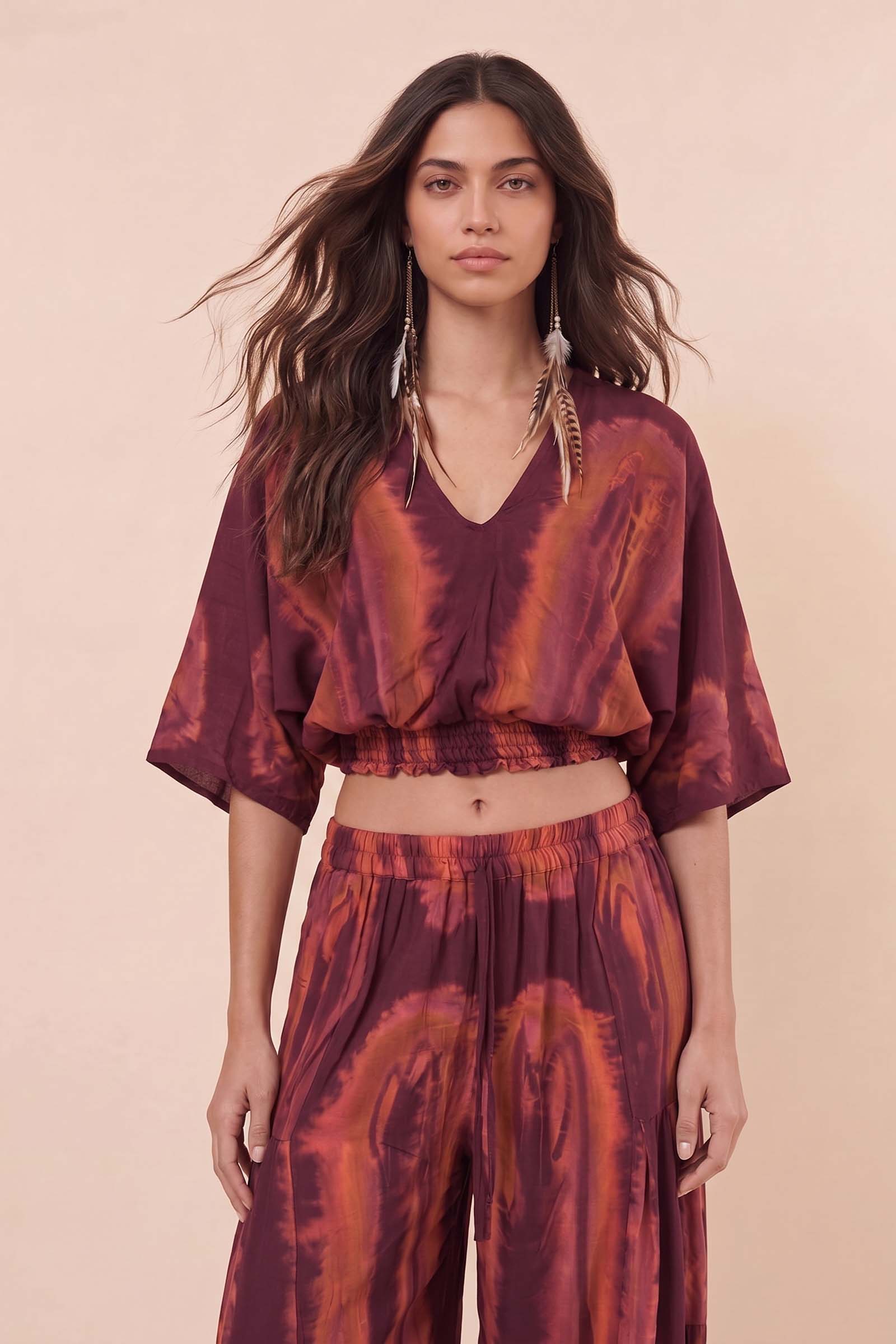 V-Neck Printed Top And Wide Leg Pants Set