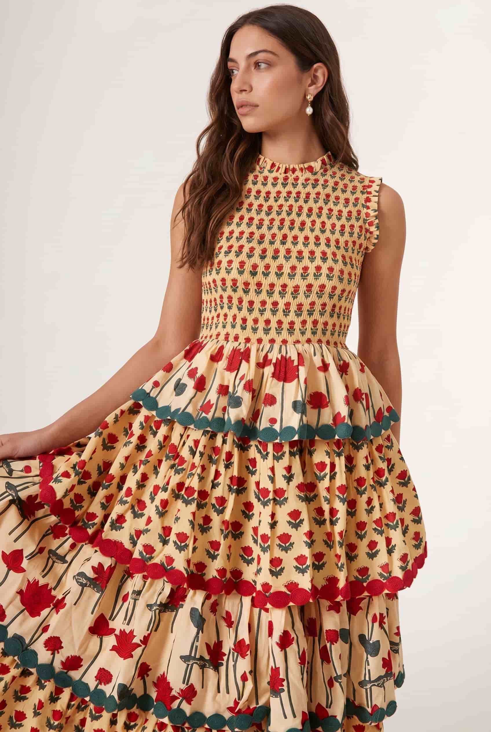 Pleated Deign Printed Maxi Dress