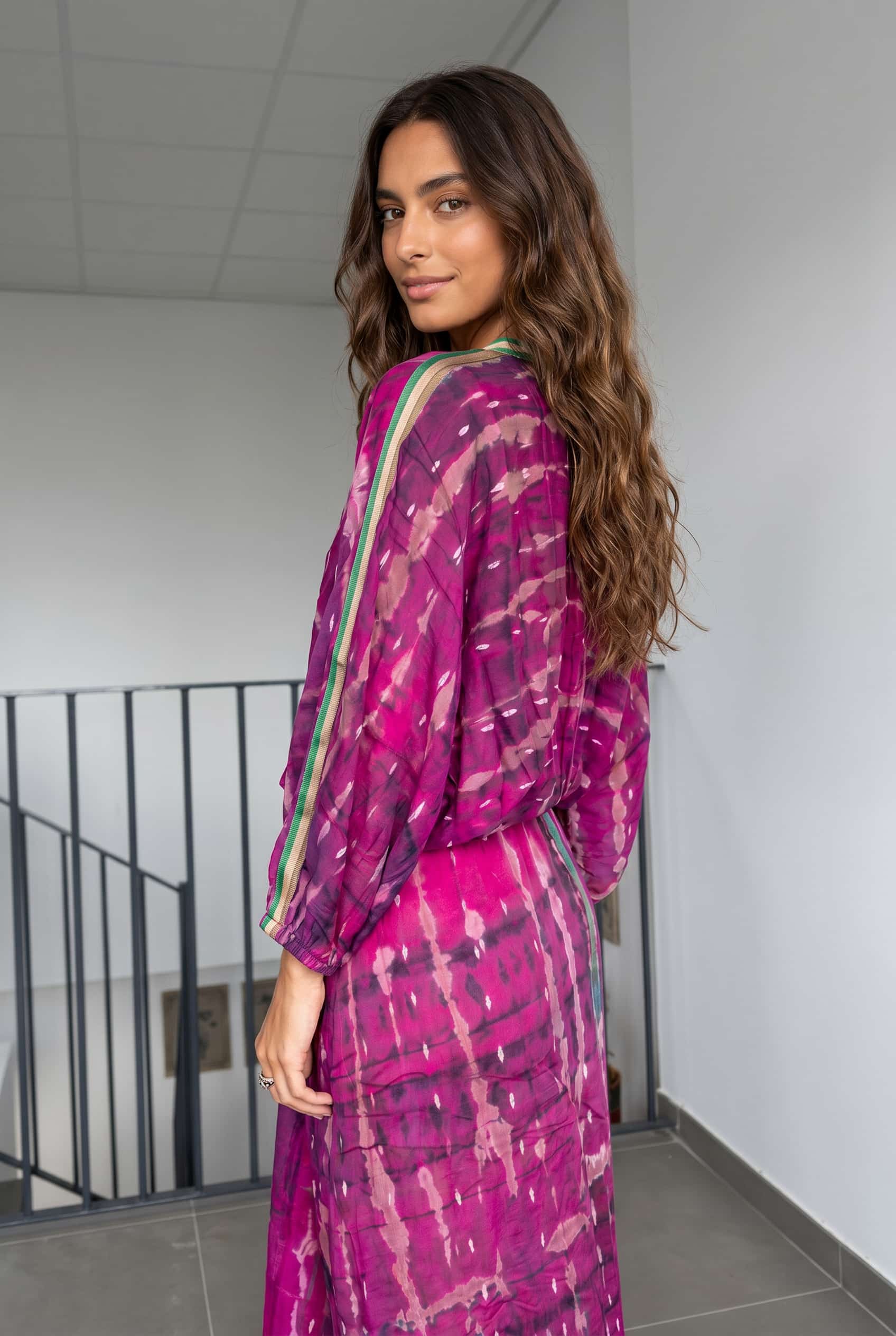V-Neck Printed Patchwork Slit Streamer Design Maxi Dress