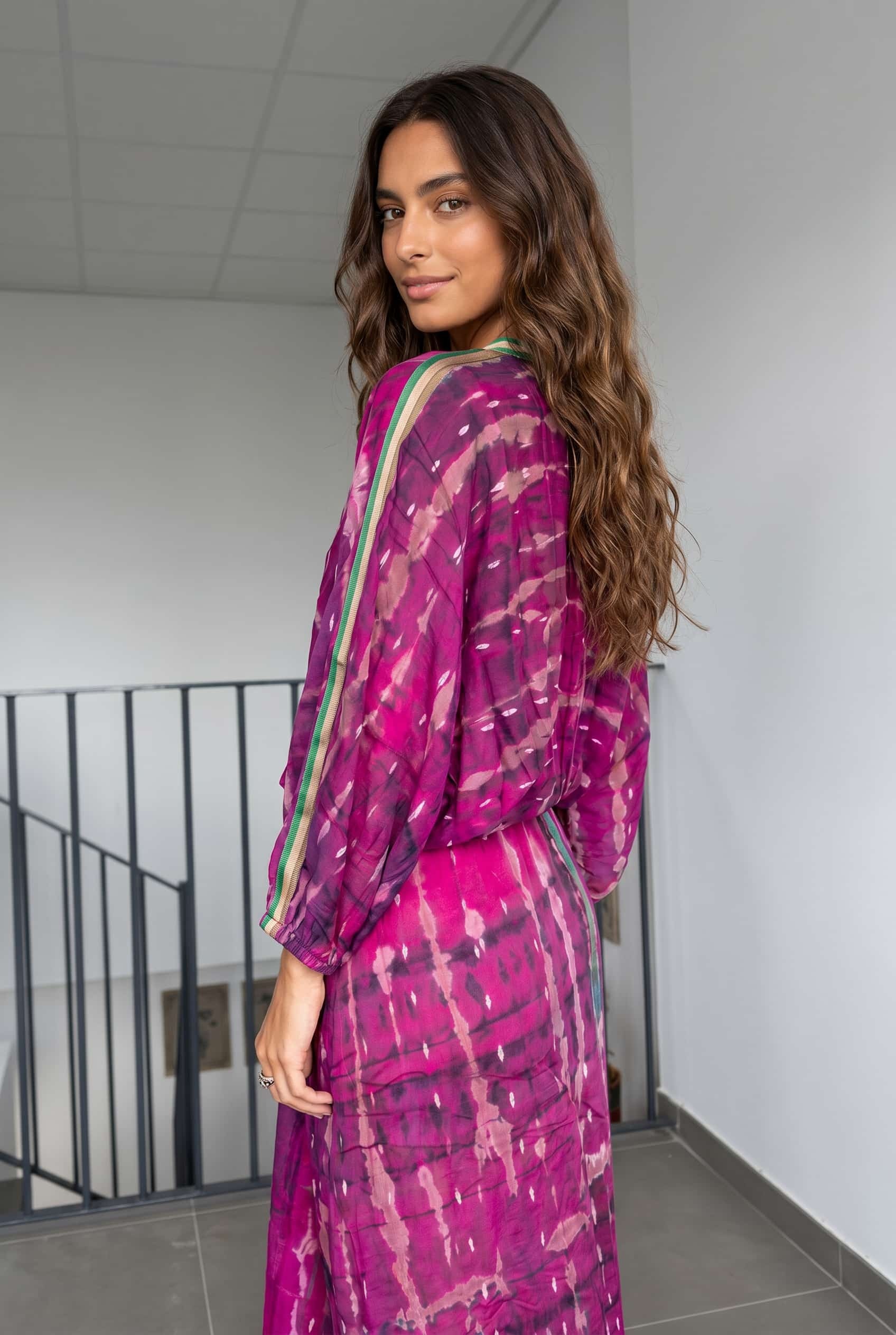 V-Neck Printed Patchwork Slit Streamer Design Maxi Dress