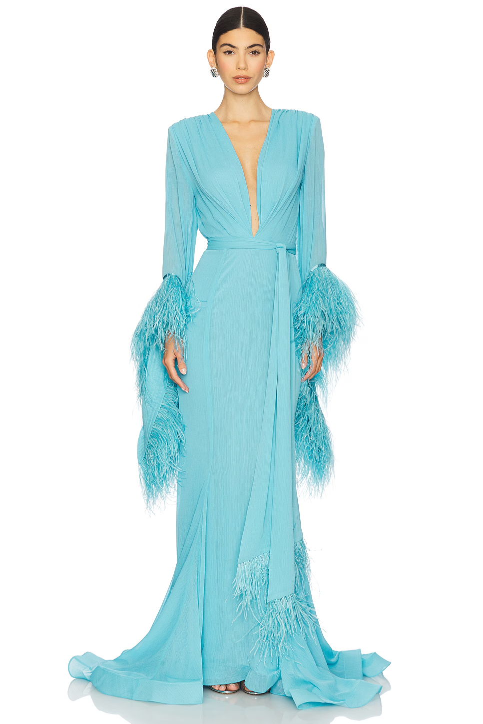 Elegant V-Neck Feather Cuff Chiffon Flowing Party Maxi Dress