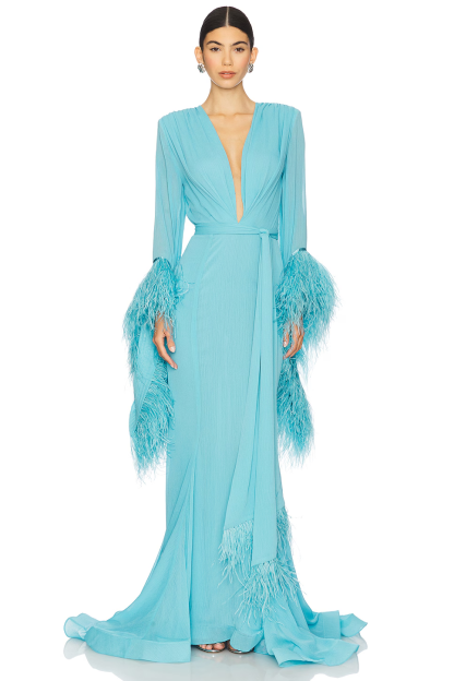 Elegant V-Neck Feather Cuff Chiffon Flowing Party Maxi Dress