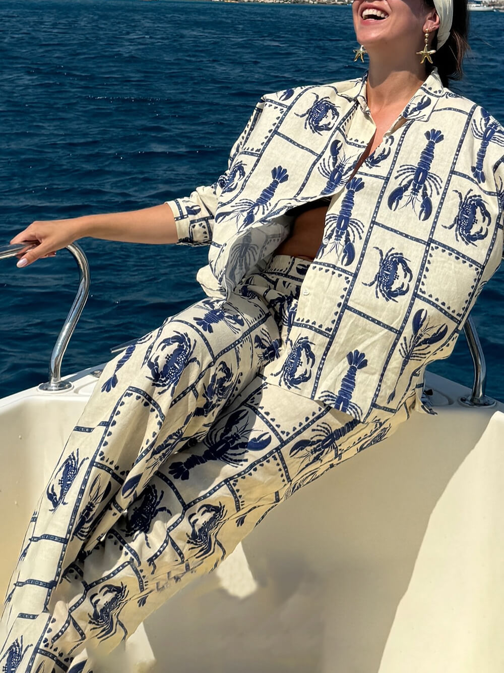 Unique Fun Lobster Pattern Printed Elastic Wide-Leg Pants