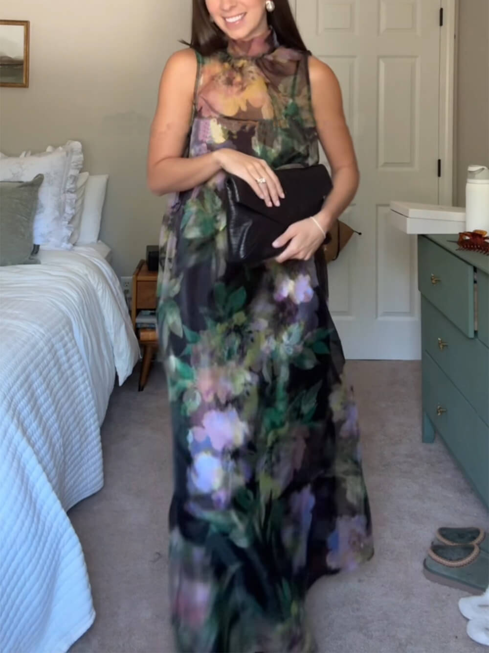 Unique Floral Print Tie-Drawn Chiffon Cocktail Maxi Dress