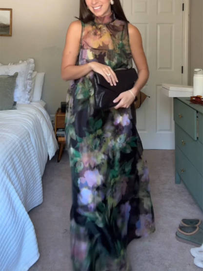 Unique Floral Print Tie-Drawn Chiffon Cocktail Maxi Dress