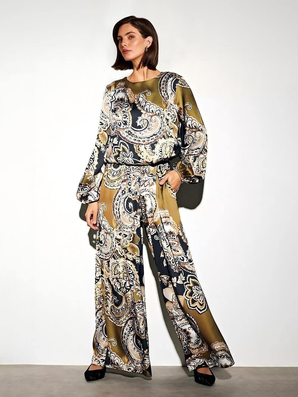 Exquisite Satin Paisley Print Elastic-Waist Wide-Leg Pants