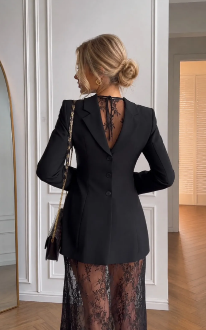 Slim-Fit Suit Jacket See-Through Lace Midi Dress Two-Piece Set