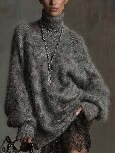 Casual High-neck Leopard-print Knitted Sweater