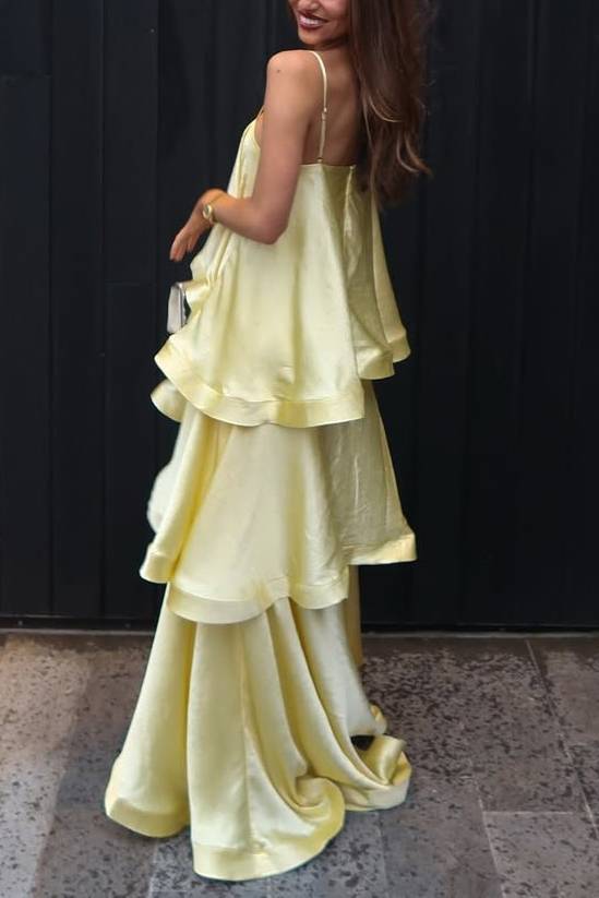 Elegant Three-layer Ruffle Sling Maxi Dress