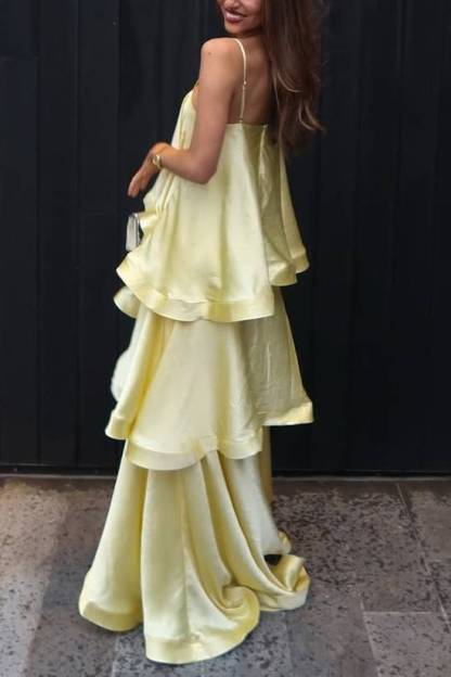 Elegant Three-layer Ruffle Sling Maxi Dress