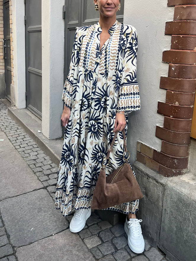 Casual Ethnic Print Trumpet Sleeve Maxi Dress