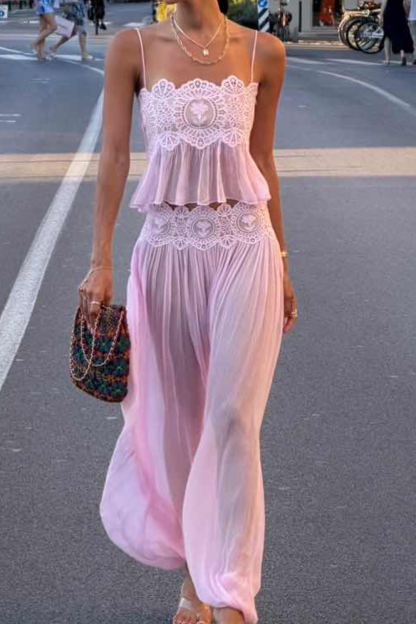 HuesOfWander Boho Embroidered Pastel Pink Vacation Two-Piece Set