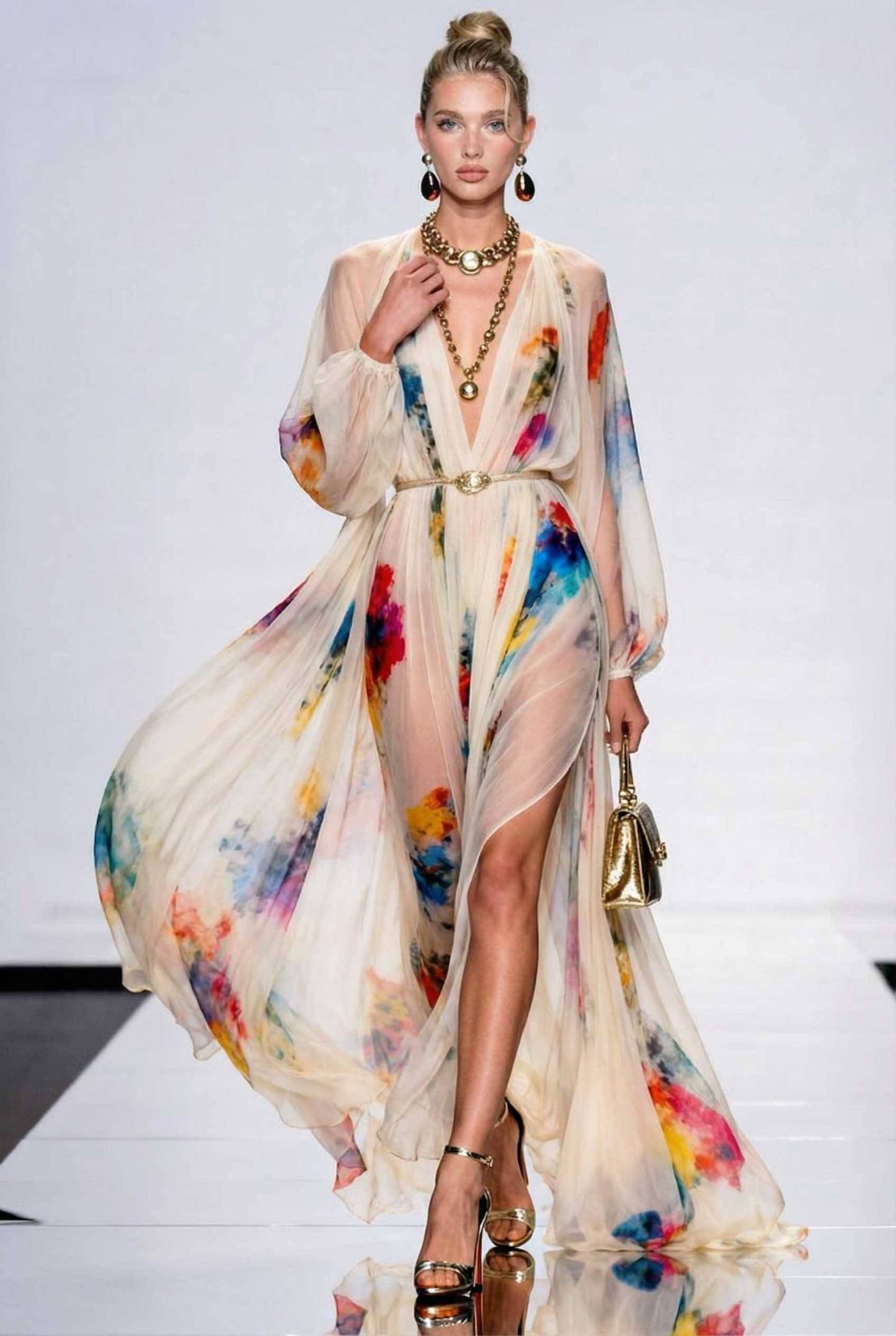 Deep V-Neck Puff Sleeve Printed Maxi Dress