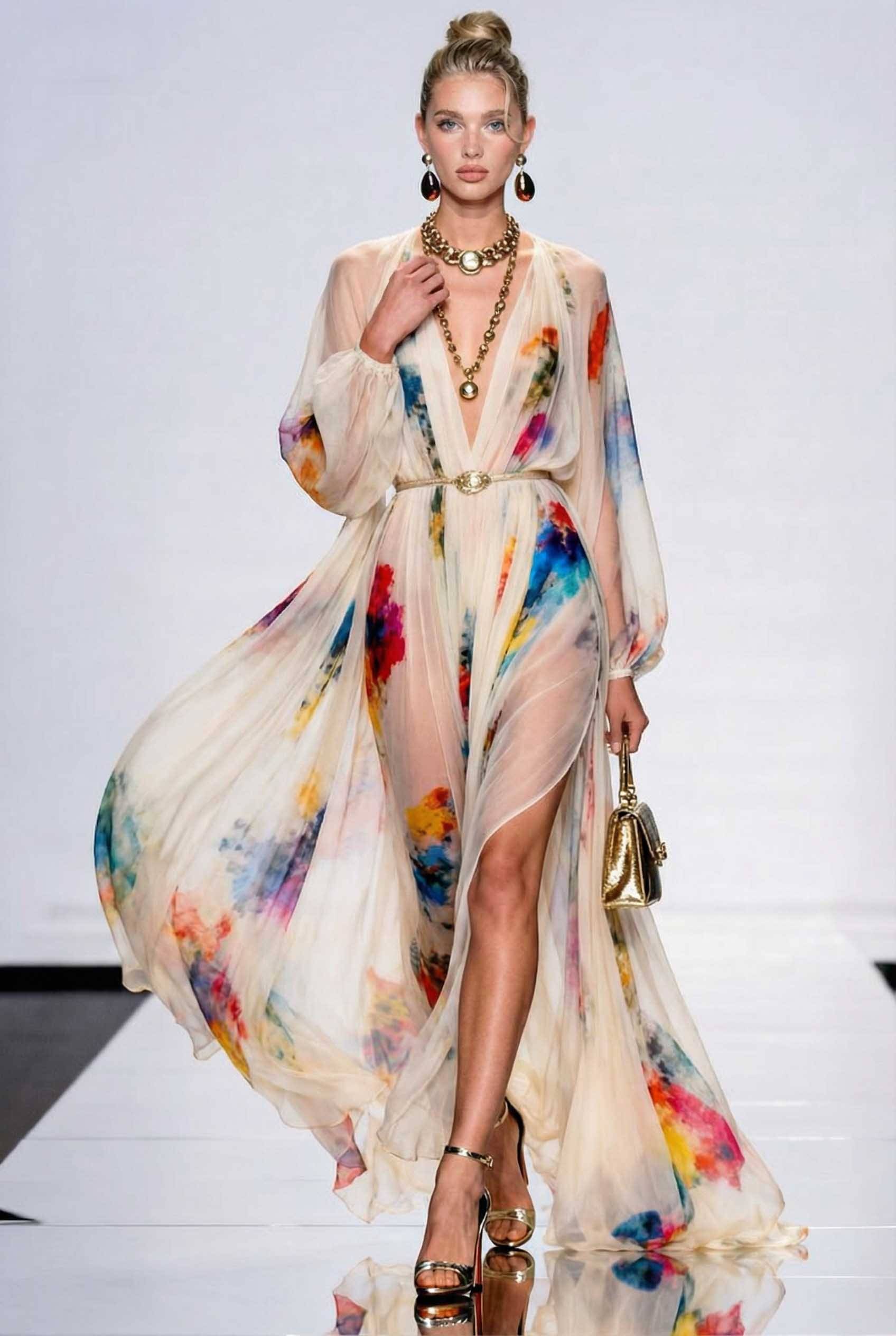 Deep V-Neck Puff Sleeve Printed Maxi Dress