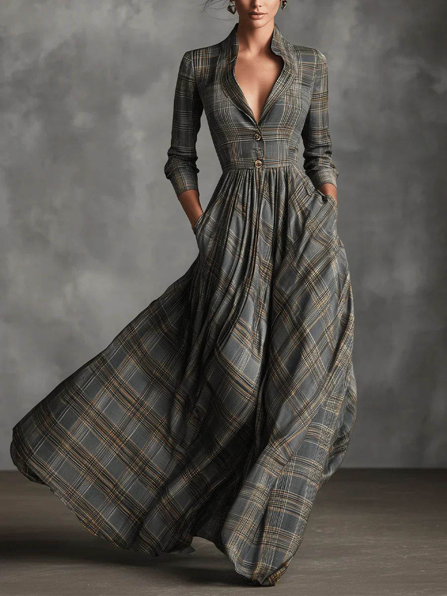 Retro Lapel Plaid Single-Breasted Maxi Dress