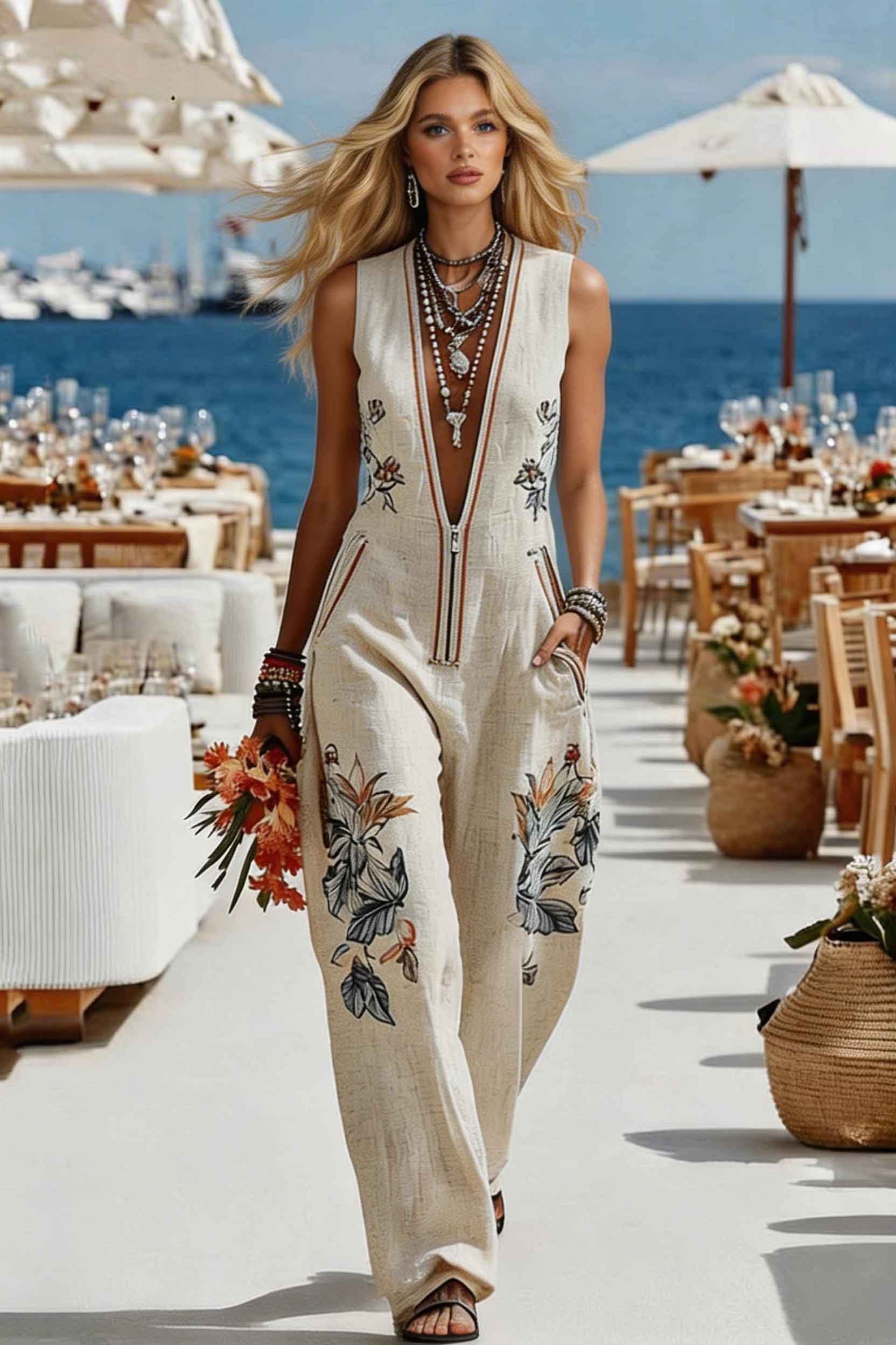 Deep V-Neck Printed Jumpsuit