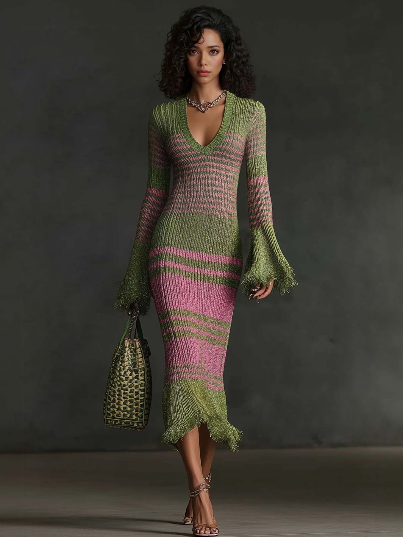 Retro Irregular Striped Tassel Knitted Midi Dress