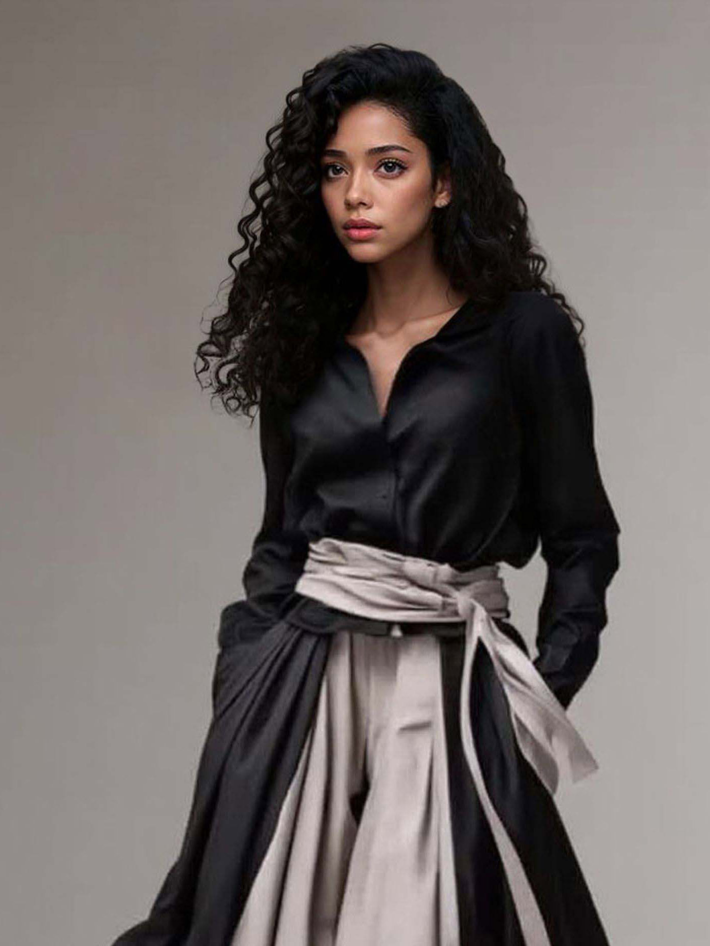 Elegant Contrast-Waist Shirt & Wide-Leg Pants Two-Piece Set
