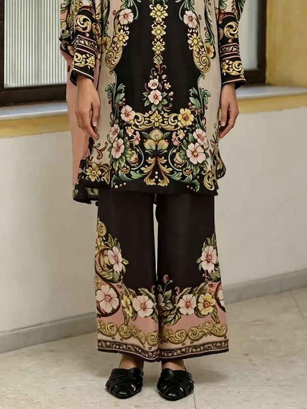 Elegant Baroque Floral Print Long Sleeve Top & Wide-Leg Pants Set