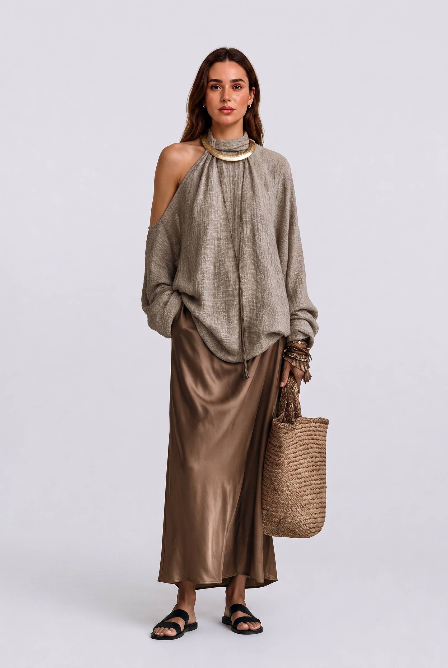 Texture Open-Shoulder Long-Sleeved Top High-Waist Bright Satin Skirt Set