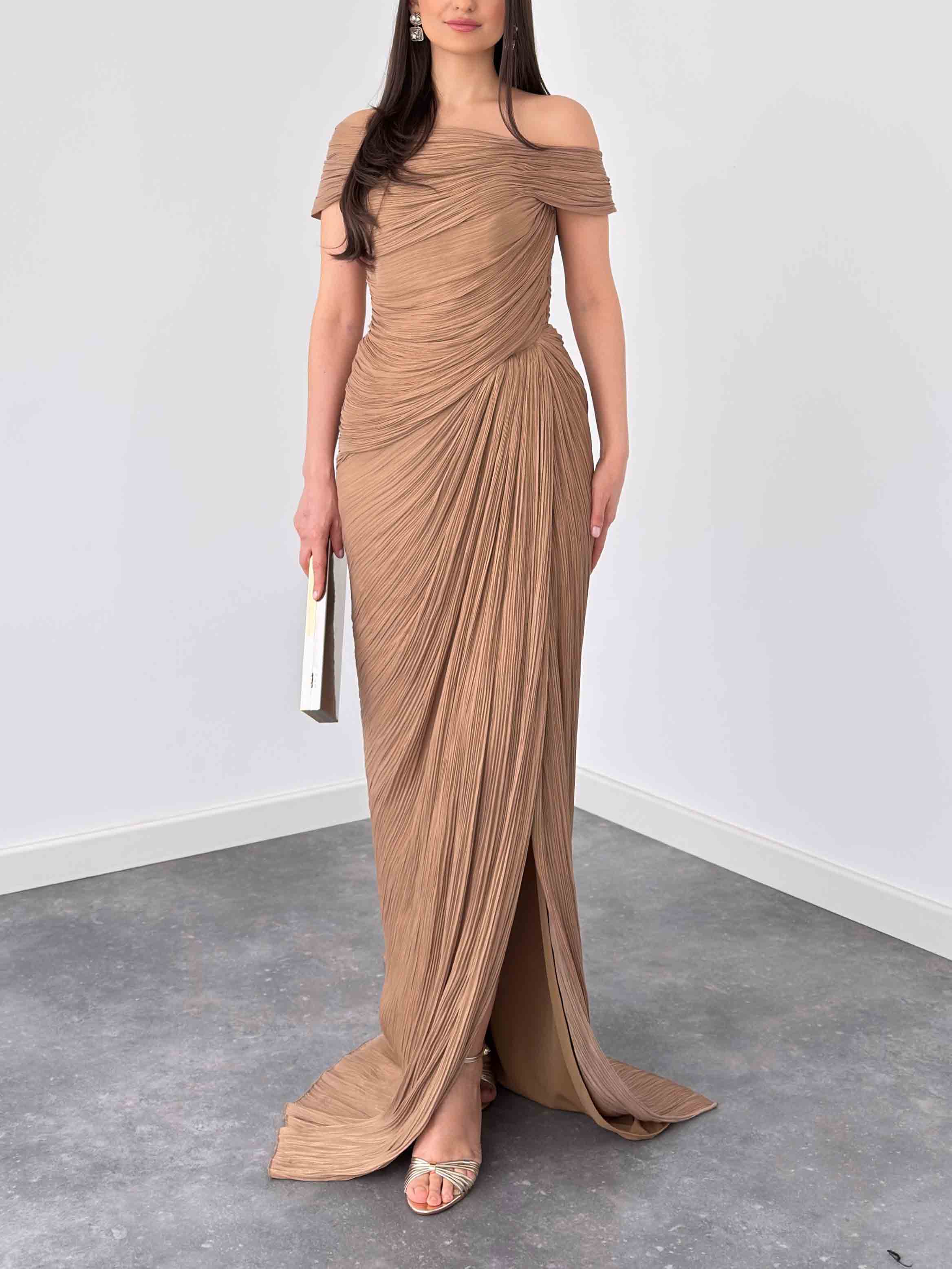Elegant Asymmetric Neck Draped Evening Gown Maxi Dress