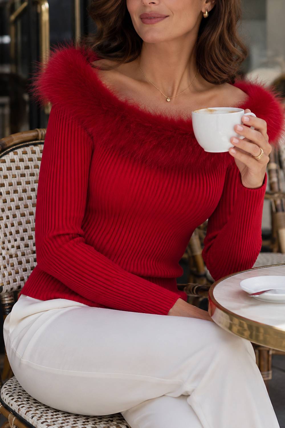 Off-the-Shoulder Faux Fur Collar Ribbed Knit Sweater