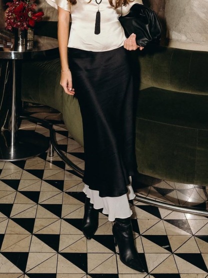 Elegant Satin Top & Layered Contrast Maxi Skirt Two-Piece Set