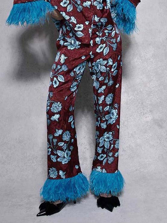 Retro Floral Print Satin Feather Sleeve Shirt