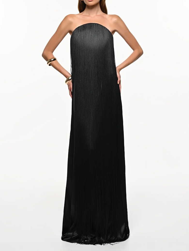 Elegant Strapless Fringe Formal Maxi Dress