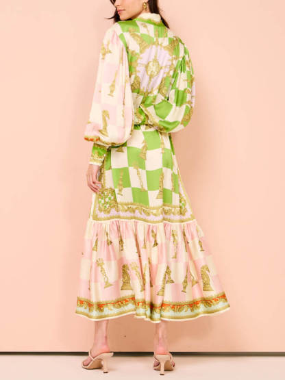 Unique Vintage Floral Lapel Single Breasted Midi Dress