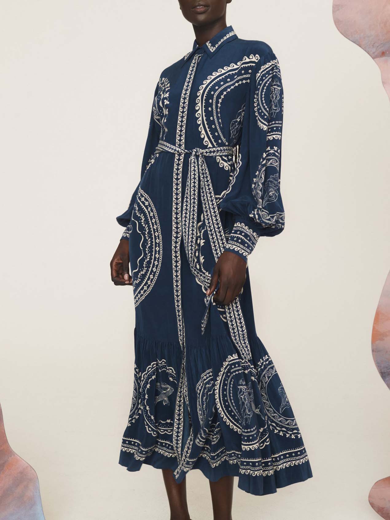 Exquisite Blue Ocean Print Lace-Up Single-Breasted Midi Dress