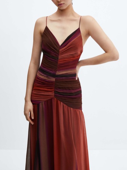 Exquisite Sunset Ombre Print V Neck Pleated Maxi Dress
